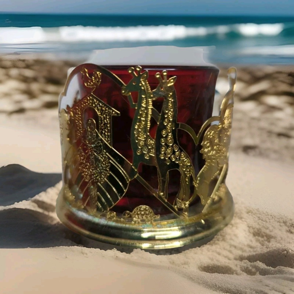 Vtg. Noah's Ark Votive Candle Holder By Dayton. ‎ 24k Gold Finish with Red Glass